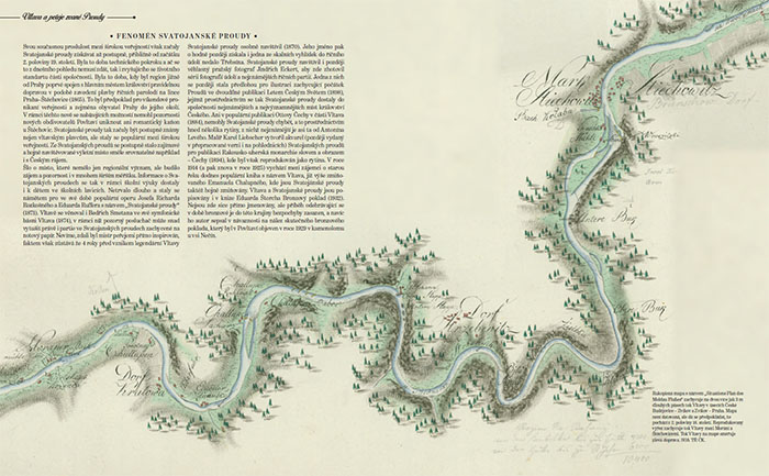 Rukopisná mapa Vltavy se Svatojánskými proudy - dvoustrana z knihy Výlet k Vltavě do Svatojánských proudů